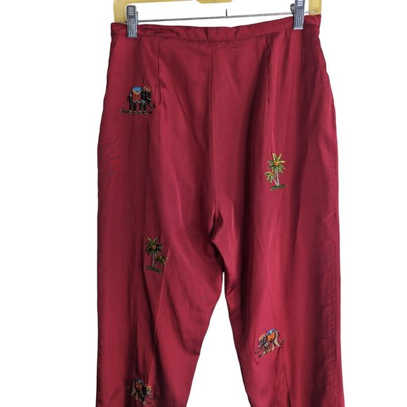 Silkland Red Silk/Cotton Lined Pants Embroidered Tropical Print Boho sz 10Petite - Picture 5 of 9